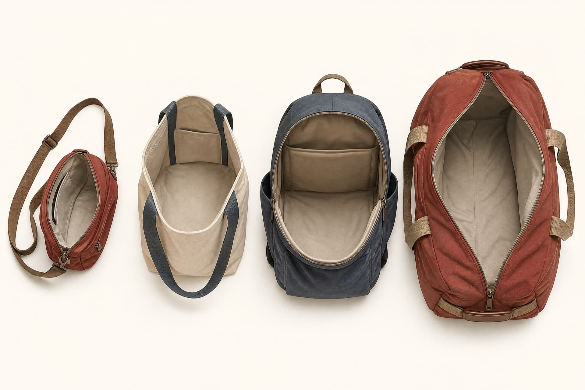 Four empty bags photographed from above so their interior volume is visible