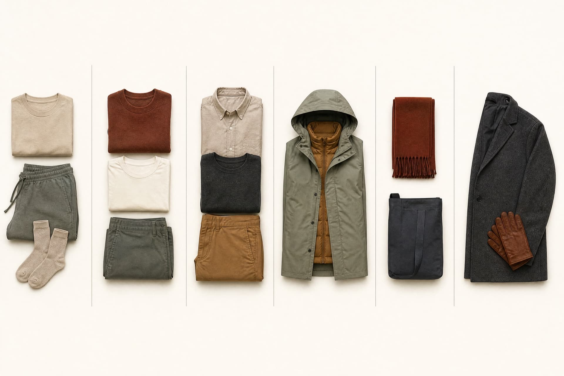 A grid of six small groupings of folded garments, each with a different number of pieces