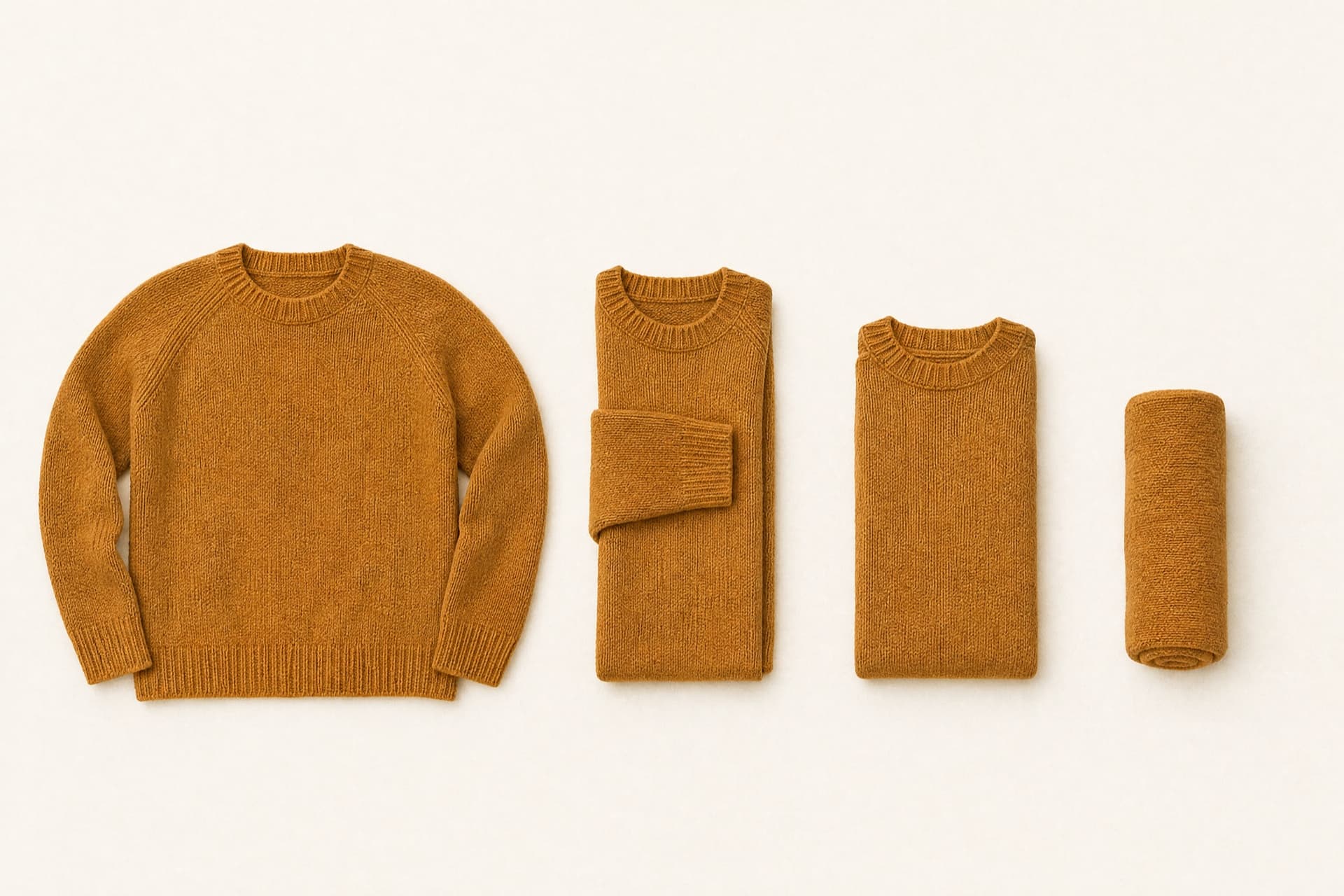One knitted sweater shown spread flat, folded once, folded twice and rolled into a compact cylinder