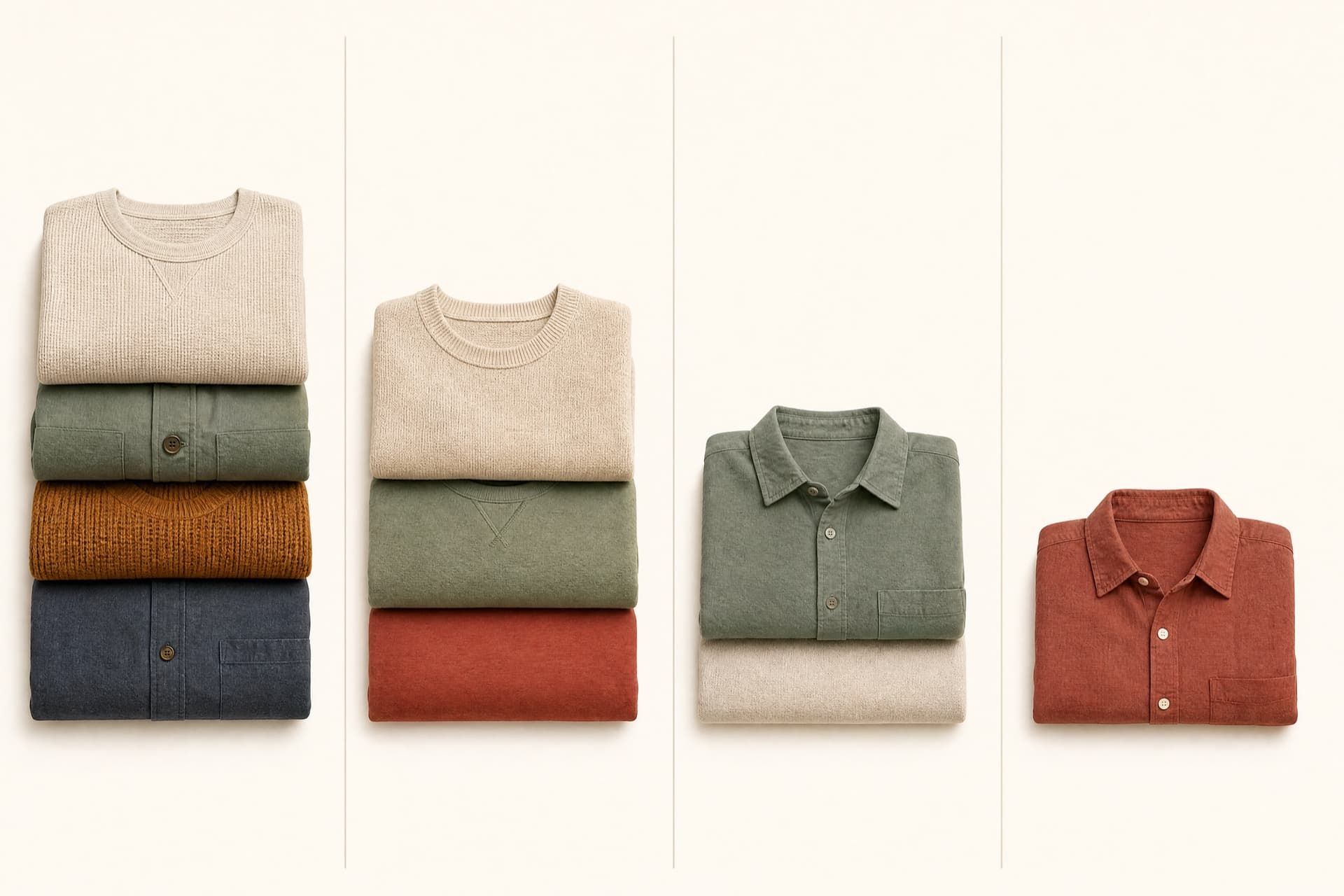 Four panels each holding a folded garment stack of a different height