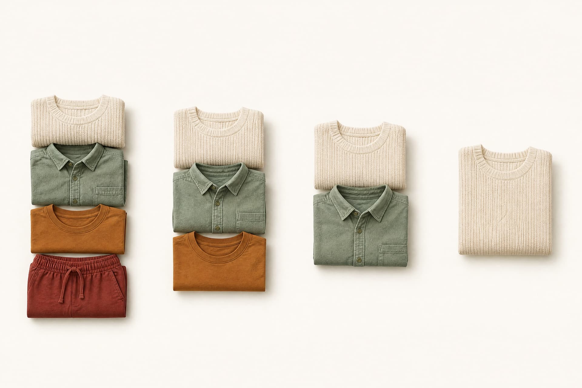 A day of clothing laid out left to right in four groups, each group holding fewer folded pieces than the last