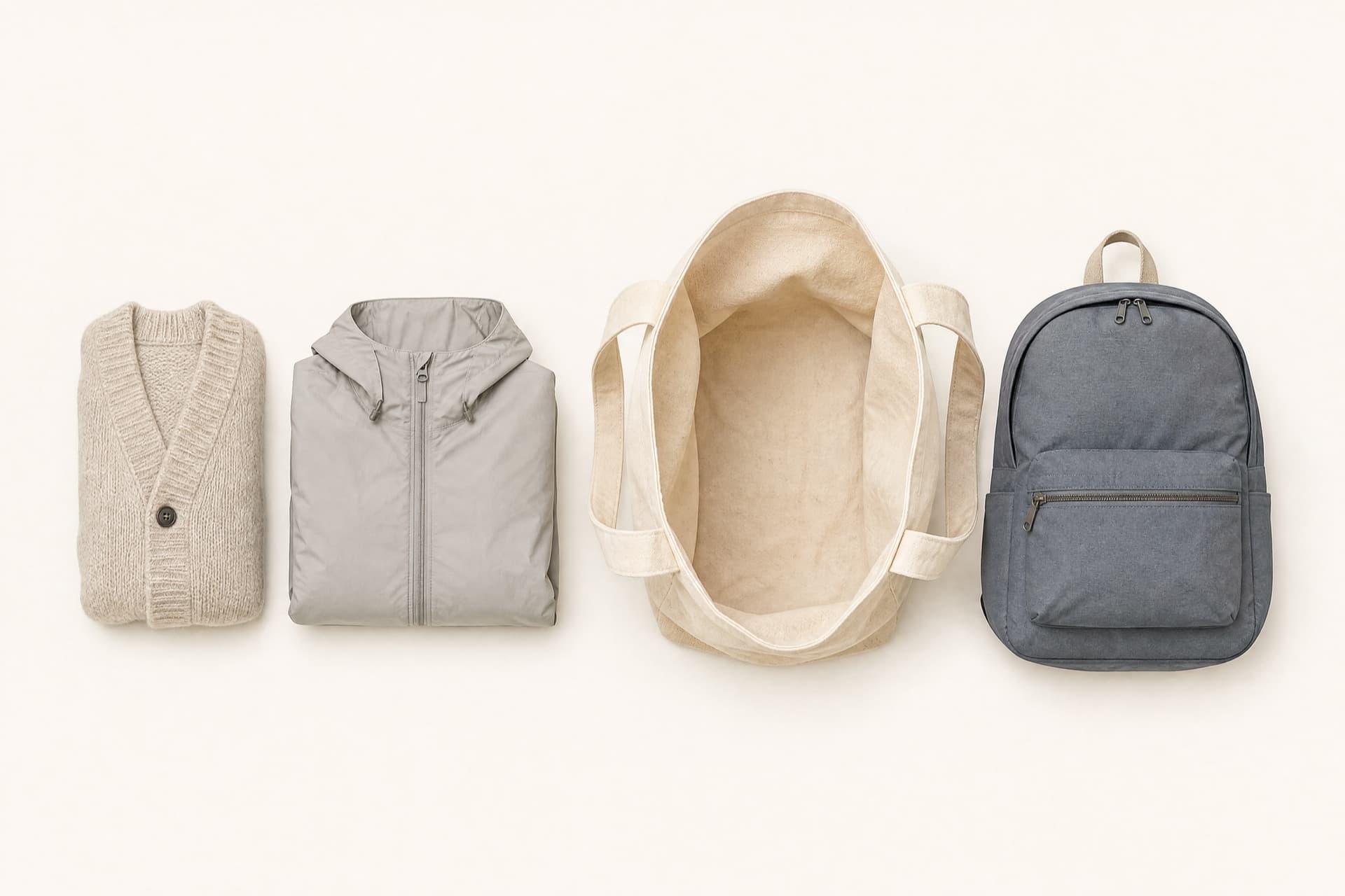 A folded cardigan and a folded shell jacket beside an open canvas tote and a daypack