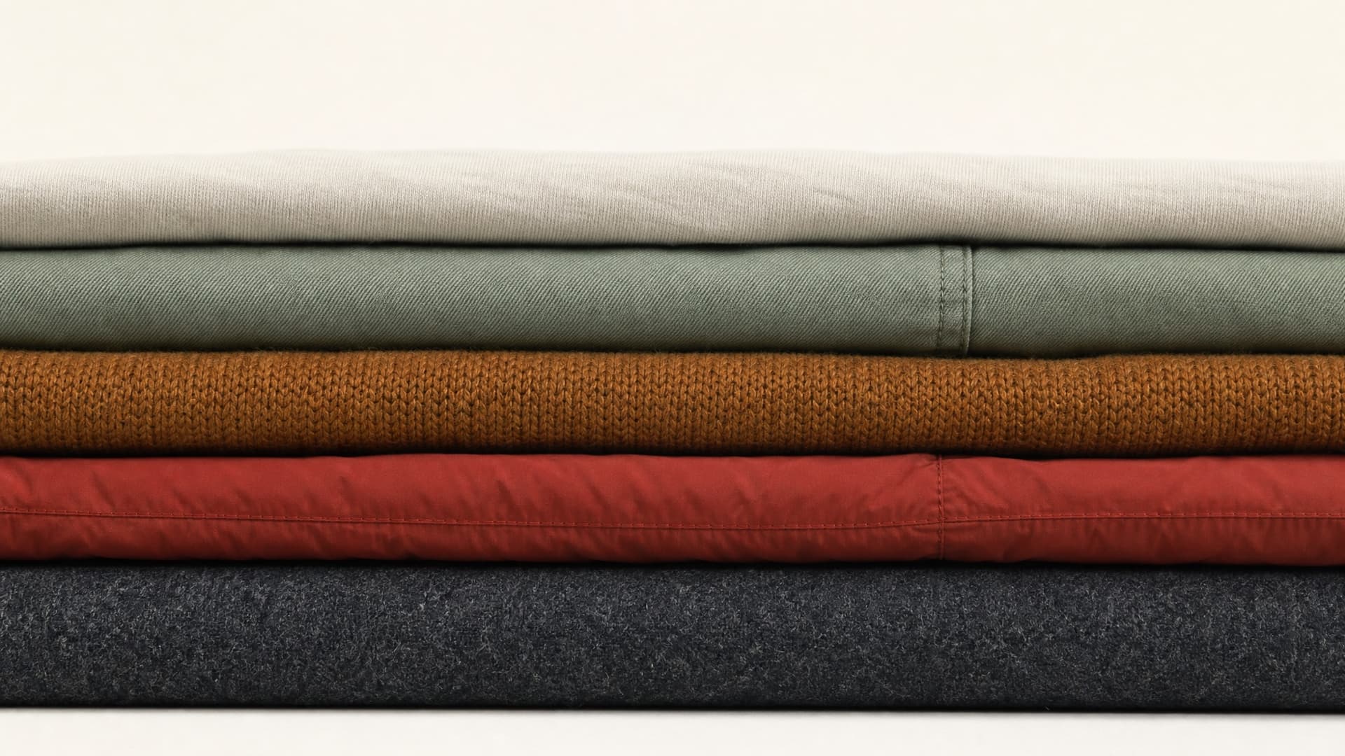 Five folded garments of different fabric weights stacked into a horizontal band, seen edge on