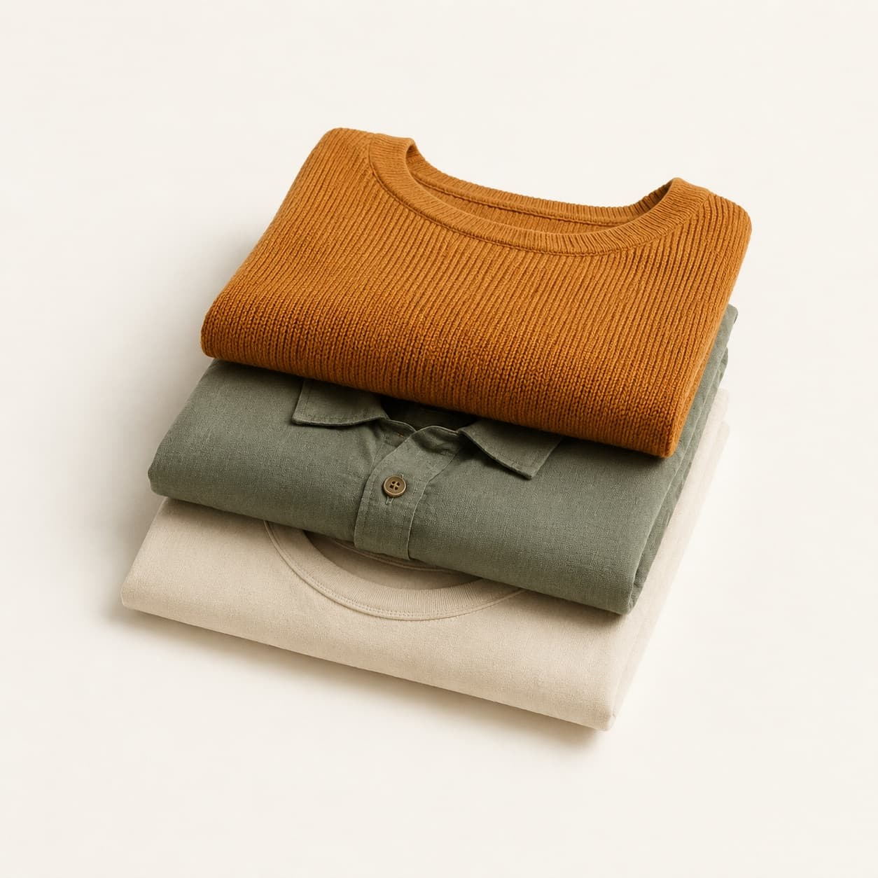 Three folded garments stacked so the individual layer edges can be counted
